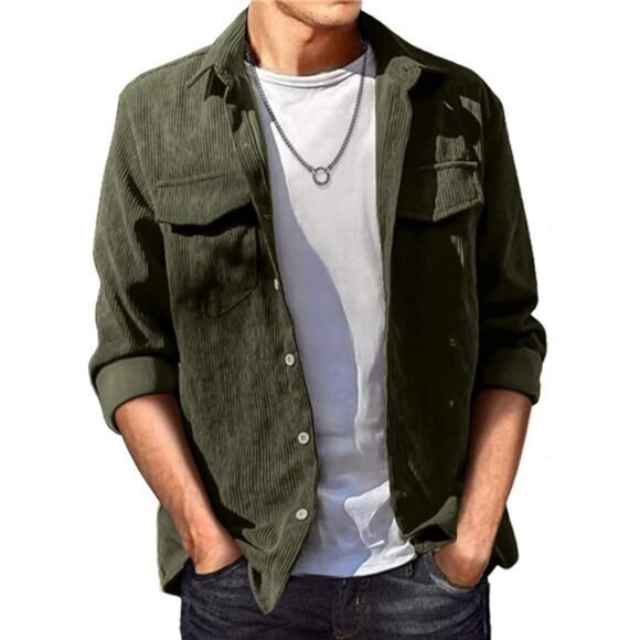 Men's Corduroy Button Down Shirts Long Sleeve Shacket Jacket with Flap Pockets
